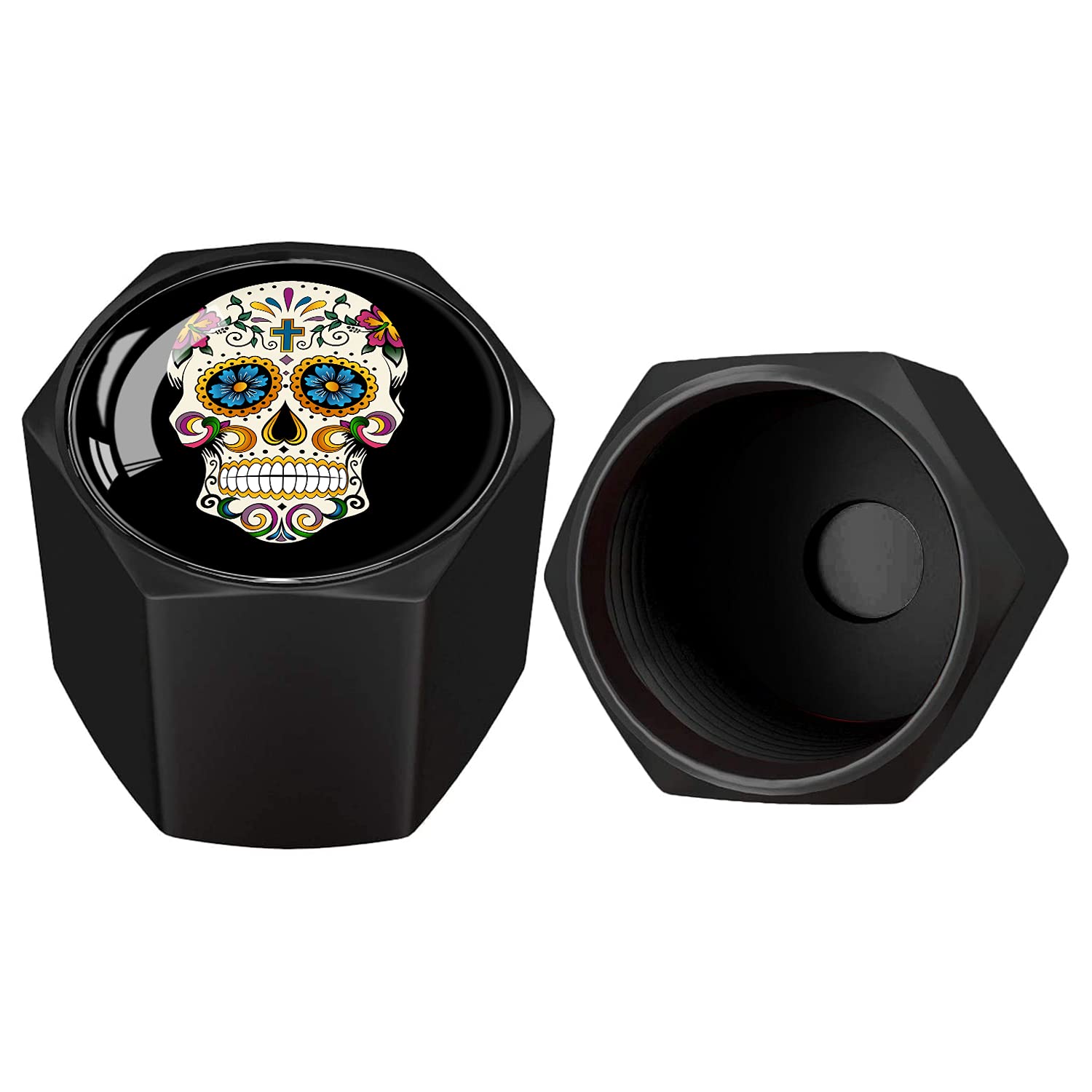 Metal Car Wheel Tire Valve Stem Caps 4 Pack Cool Sugar Skull Pattern Aluminum Car Tire Air Valve Caps For Cars, Trucks, Bikes, M