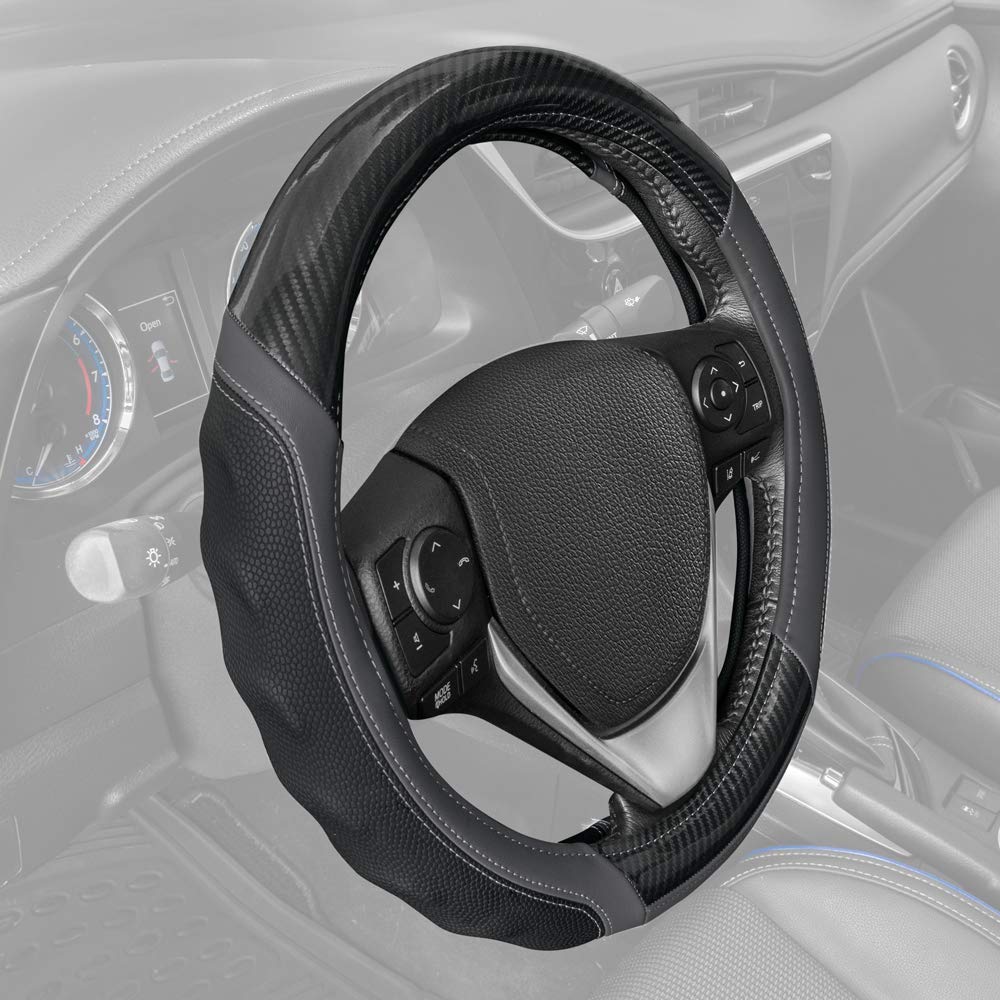 Motor Trend Ultrasport Gray Carbon Fiber Steering Wheel Cover, Standard 15 Inch Size, Black Faux Leather Comfort Grip, Car Steer