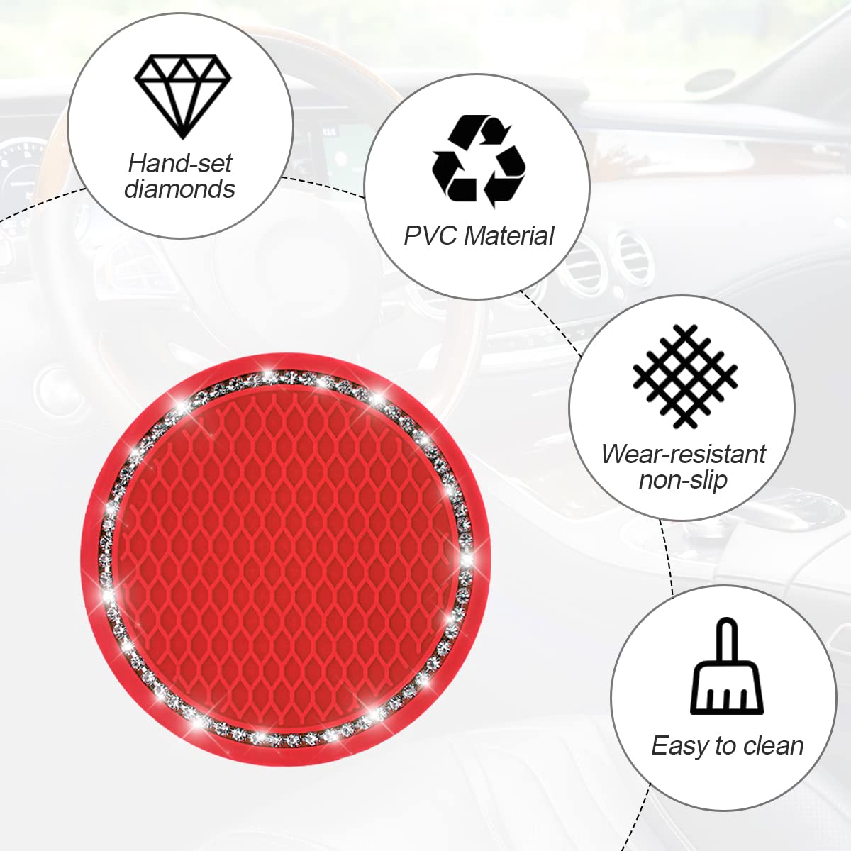 2 Pack Car Bling Cup Holder Coaster, 2.75 Inch Crystal Rhinestone Car Cup Holder Insert Coaster,Universal For Cars, Vehicles, Suvs, Car Interior Accessories For Women And Men (Red)