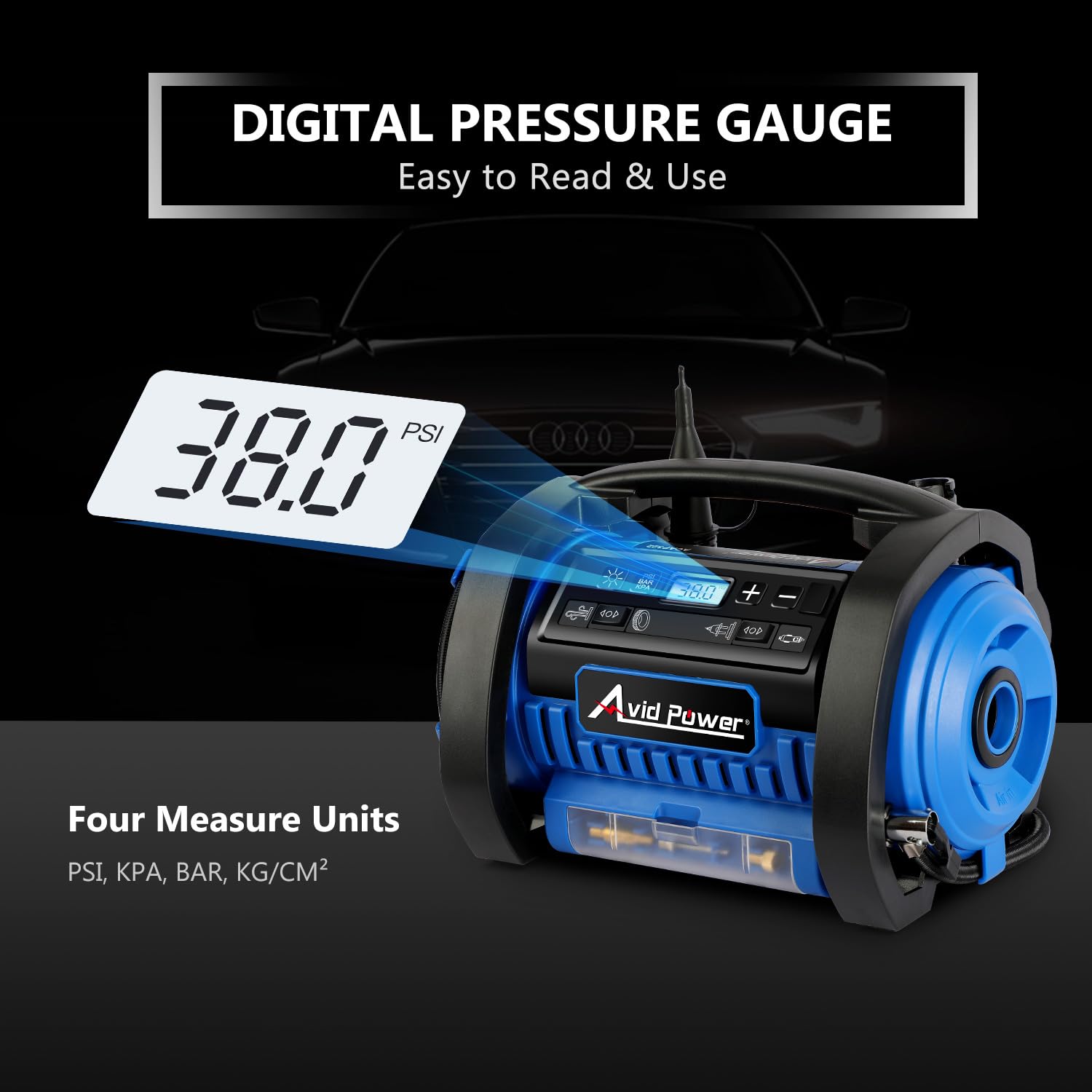 AVID POWER Portable Tire Inflator Air Compressor, 12V DC/120V AC, Dual Motors, Digital Gauge, Model ACAP322B, Blue