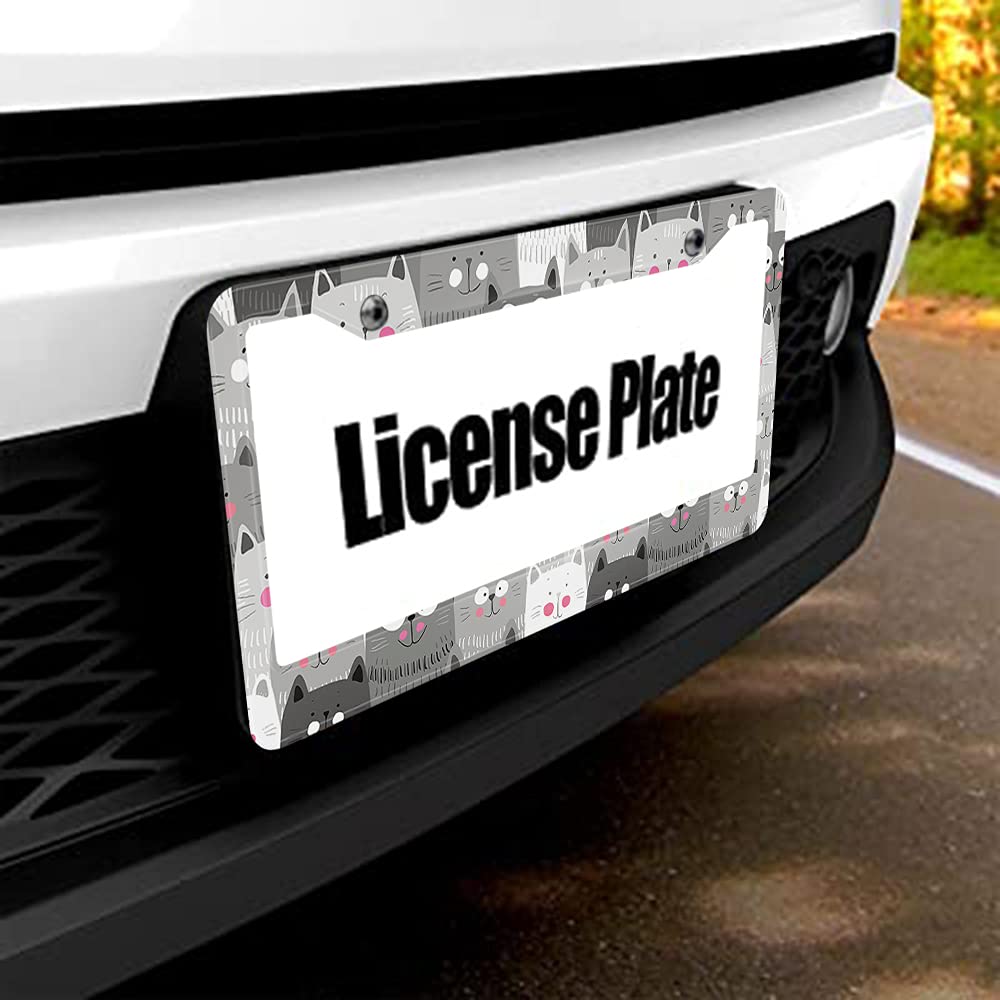 Beabes Cats License Plate Frame Grey White Black Car Frames, License Plates Holder, Pet Funny Animal Kitten License Plate Cover Aluminum Metal Frames For Women Men Auto Decoration