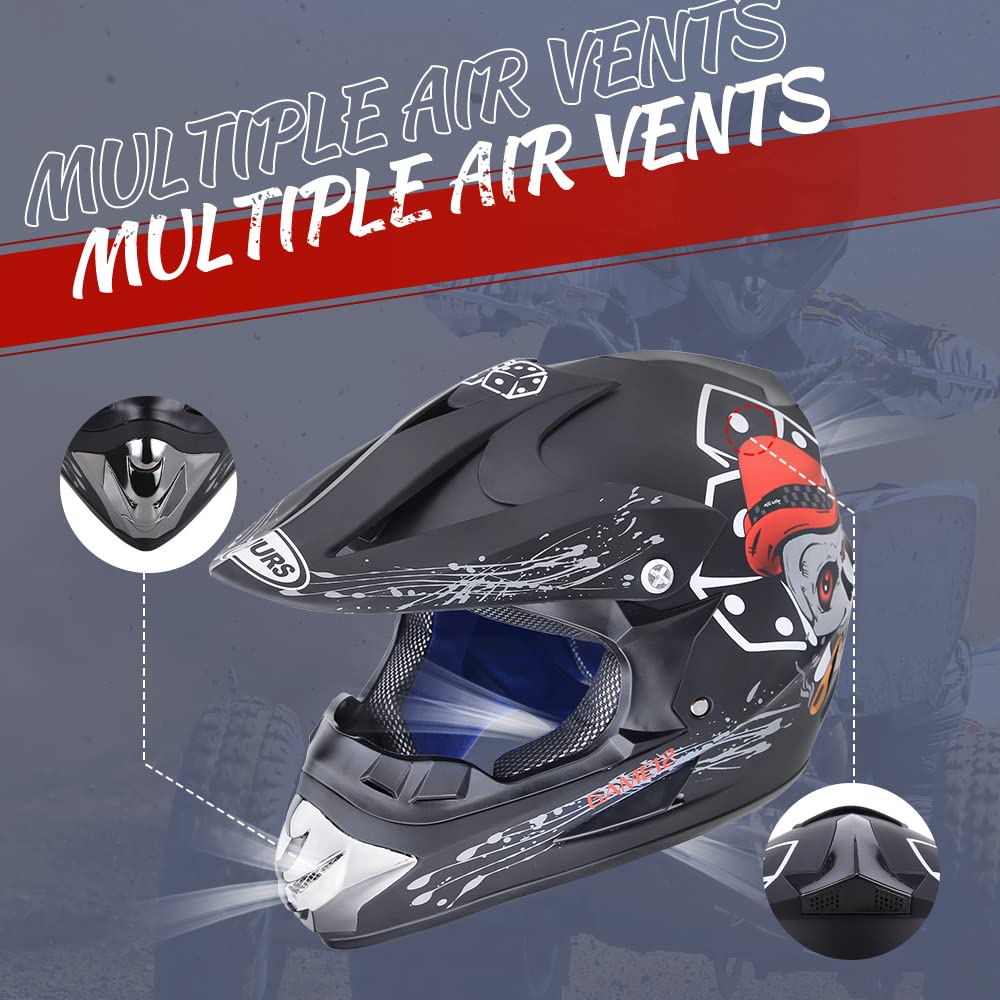 Oumurs Adult Dirt Bike Helmet with Goggles, Gloves & Mask - Small, Plastic, New Black Skull Design, DOT Approved for ATV & Motocross