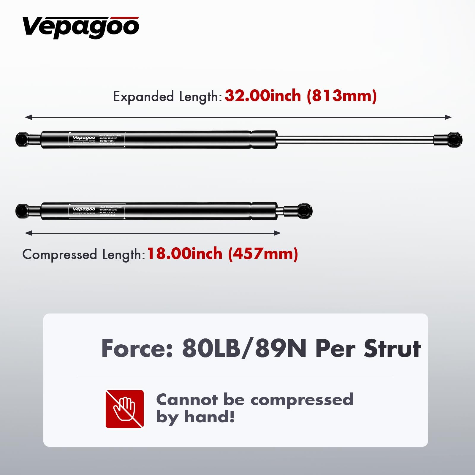 Vepagoo Gas Shock Strut Spring Lift Support Set of 2 for Tonneau Cover, 32 inch, 80LB/356N, Steel, Black