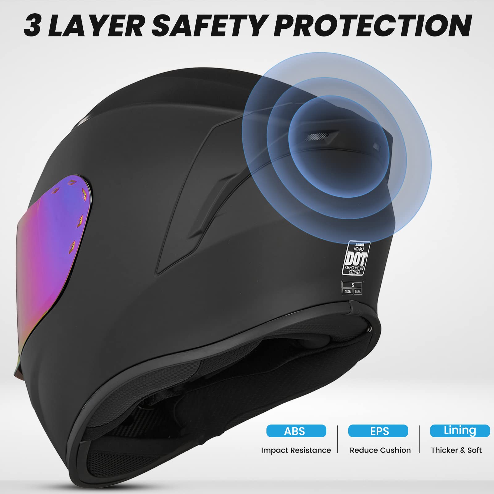 Auboa Full Face Motorcycle Helmet DOT Approved for Men & Women, XL, Matte Black, Model MD-813, ABS Material, Tinted Visor