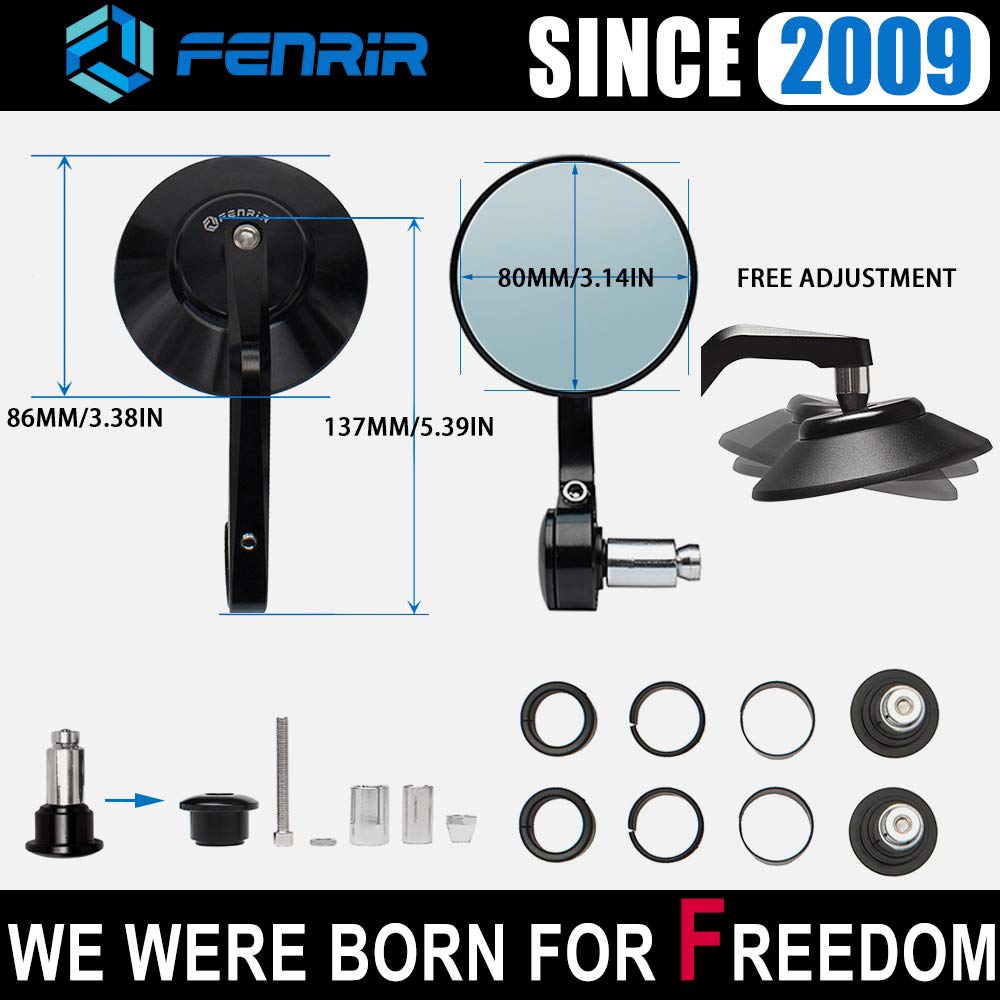 FENRIR CNC Aluminum Round Bar End Mirrors 22MM 7/8" Black - Universal Rear View for M8/M6 Sport Naked Street Bikes, Cruisers, Scooters