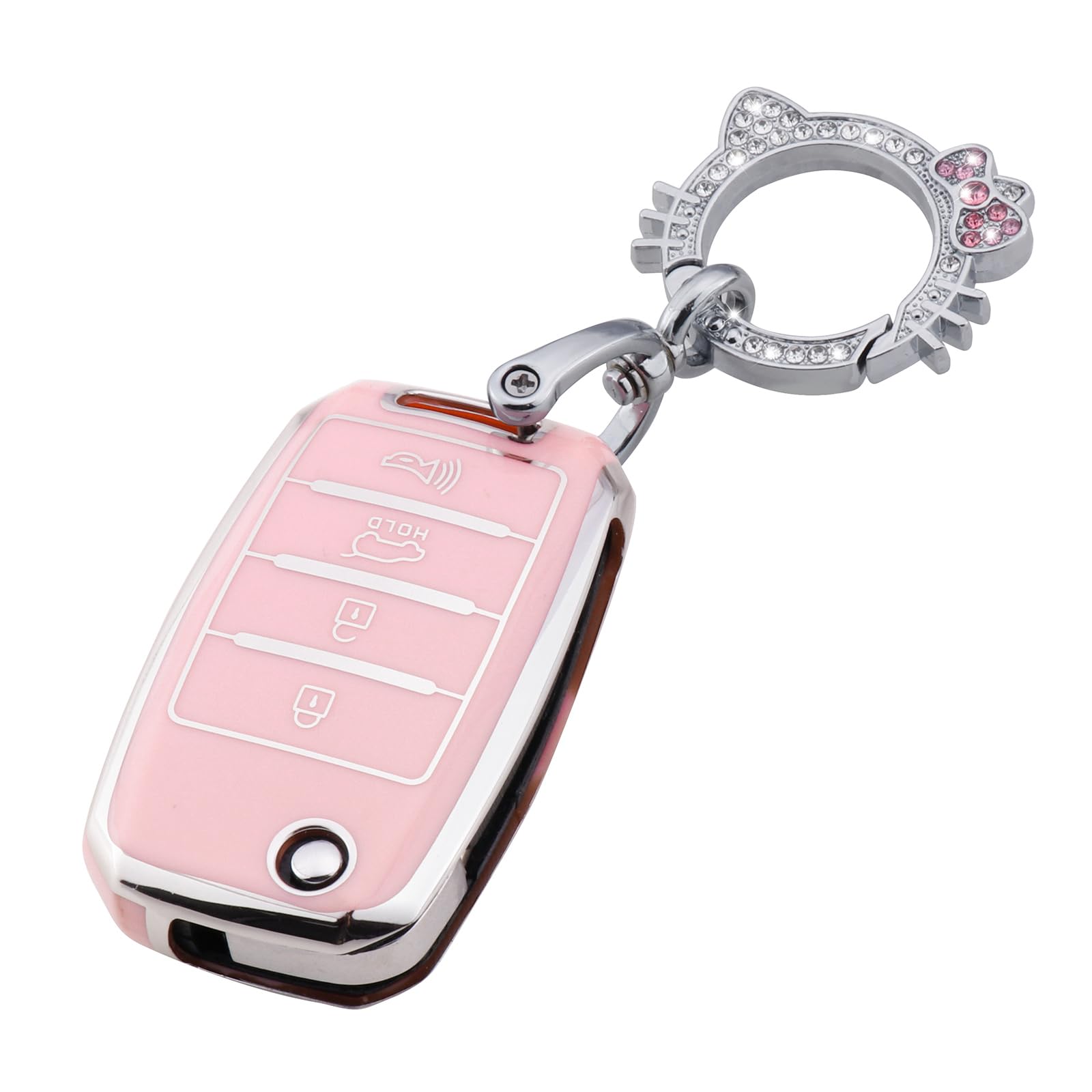Pangpai Pink Key Fob Cover for Kia, Soft TPU Key Case Protection with Bling Keychain Fit for Kia Sedona Rio Optima Soul Sportage