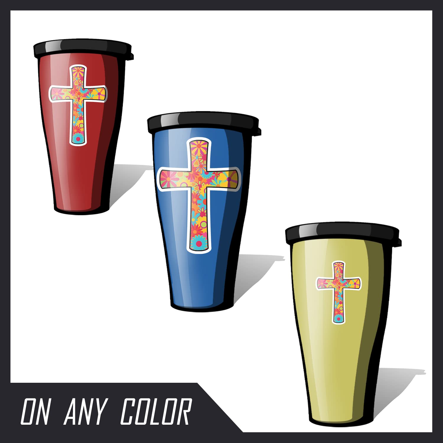 Decalcomania Retro Flower Cross Decals - Set Of 3 Vinyl Stickers For Car Or Truck Window- Colorful Religious Cross Sticker