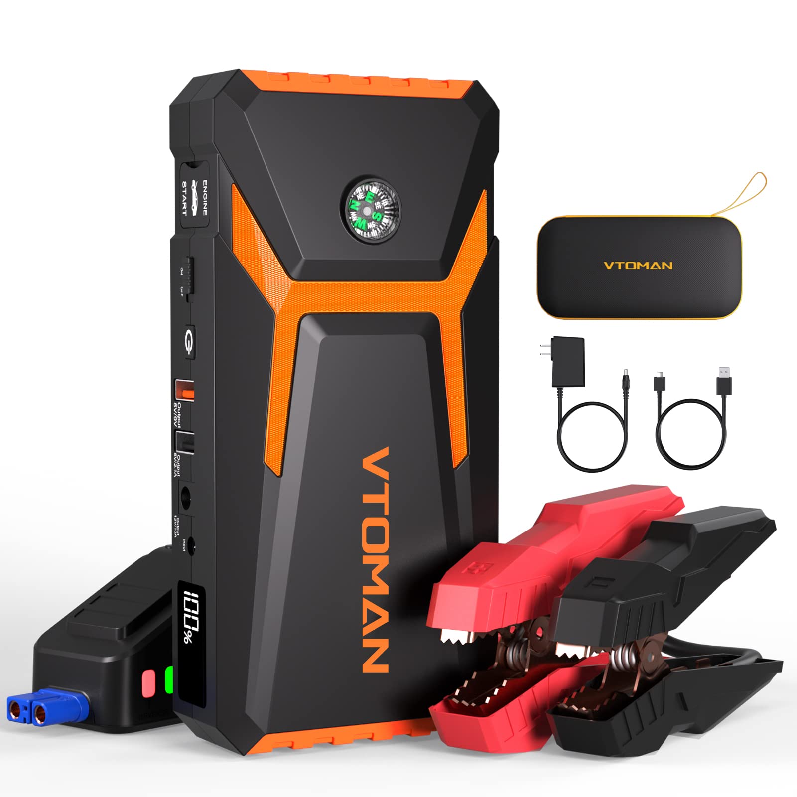 Vtoman V8 Jump Starter, 2000A Peak Battery Car Jump Starters For Up To 8L Gas And 6L Diesel Engines, Lcd Display Portable 12V Au