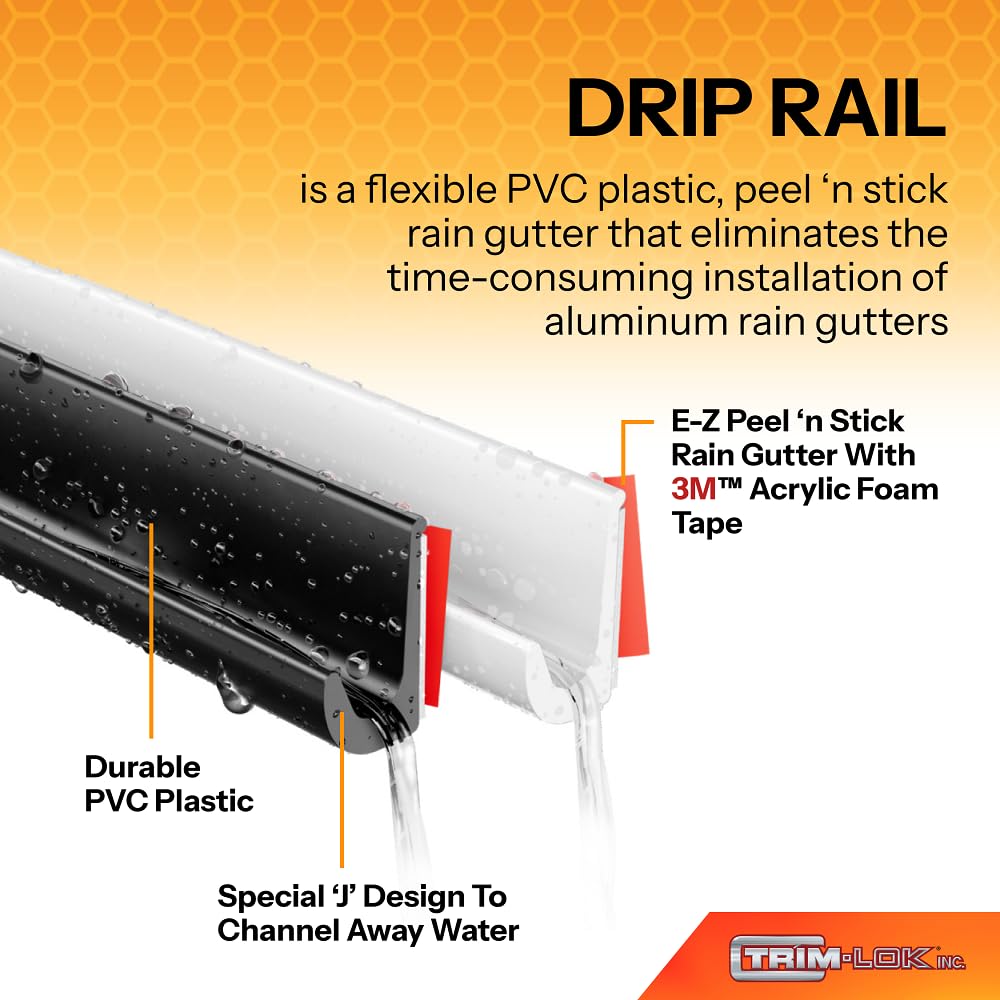Trim-Lok Drip Rail, Black - 1/2    Height, 125 Length - Pvc Plastic Rain Gutter For Cars, Vans, And Rvs, Easy To Install Flexibl