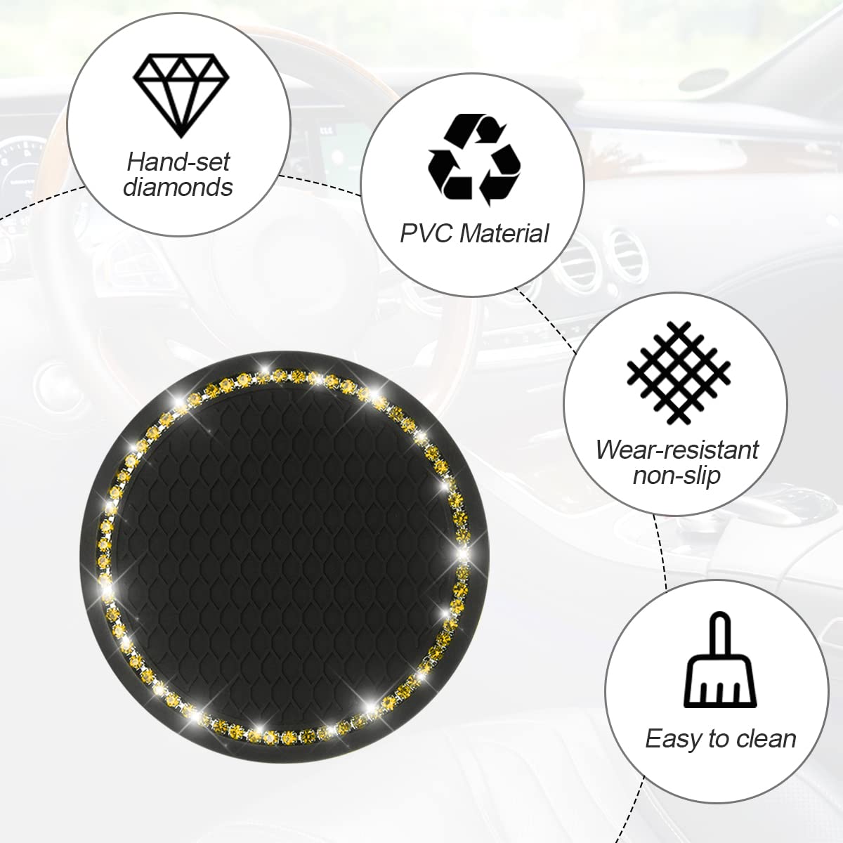 2 Pack Car Bling Cup Holder Coaster, 2.75 Inch Crystal Rhinestone Car Cup Holder Insert Coaster,Universal For Cars, Vehicles, Suvs, Car Interior Accessories For Women And Men (Black/Yellow)