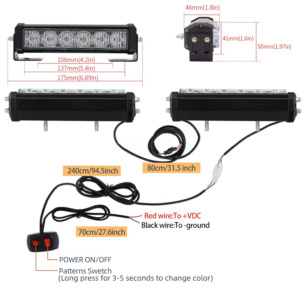 STDYSUN LED Emergency Strobe Light Bar 2Pcs - Red Blue Change White, Aluminum, Model 3E, Surface Mount for Motorcycle, Utility, Tow Truck