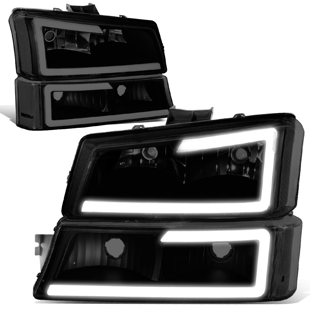 Dna Motoring Hl-Lb-Csil03-Bk-Sm-Cl1 Black Housing Smoked Lens 3D Led Drl Headlight Bumper Lamp Set Compatible With 03-06 Silvera
