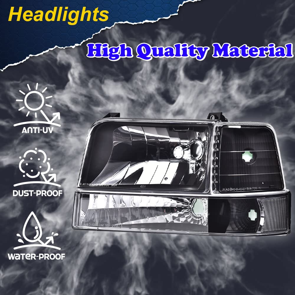 CHEDA Headlight Assembly for 1992-1996 Ford Bronco F150, 1992-1997 F250 F350, Halogen, Clear Lens Black Housing, 6pc Set
