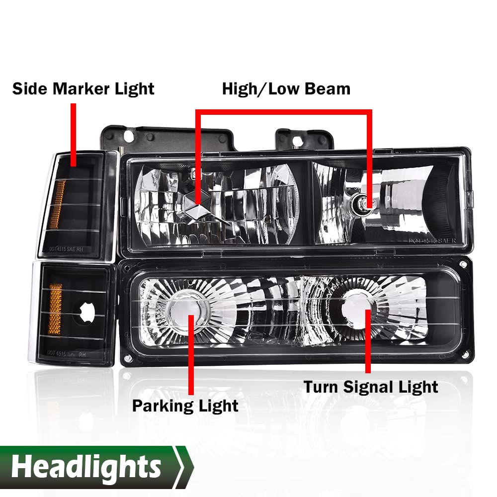 Grand Orange Headlights Assembly, Compatible With Gmc Sierra C/K Yukon 1500 2500 1994 1995 1996 1997 1998 Fit Chevy C/K C10 Subu
