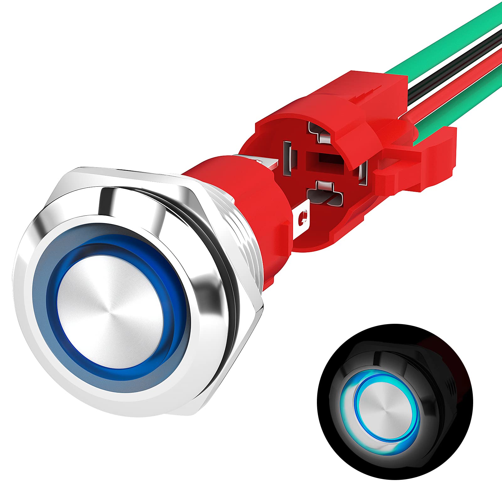 Joinfworld 12V 20A Heavy Duty Waterproof Push Button Switch - Metal Round Switch with Blue LED Ring for Marine, Boat, Car, Truck