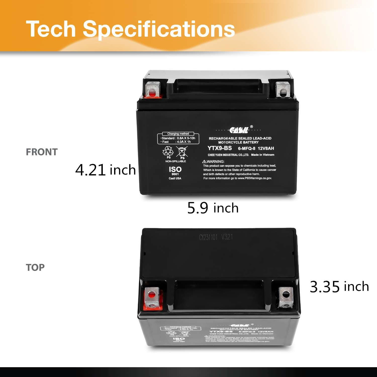 Ytx9-Bs - 12V 8Ah 135 Cca - Sla Power Sport Battery Lead_Acid_Battery - Casil Battery