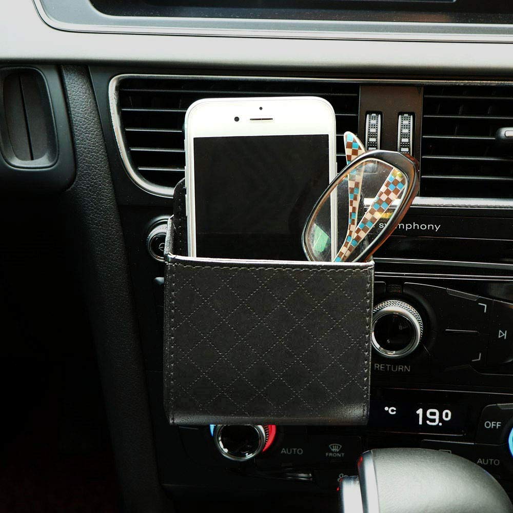 RED SHIELD Car Auto Air Vent Leather Tidy Storage Hanging Bag Case Organizer for Keys, Coin, Cell phone & Glasses. Universal Veh