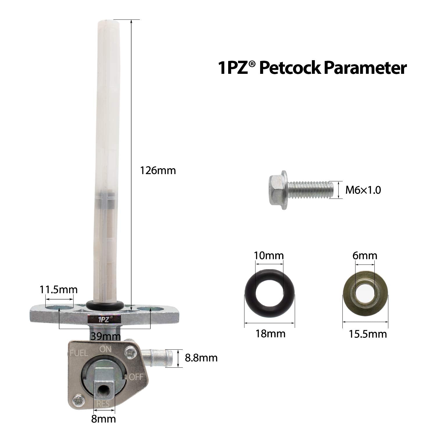 1PZ Fuel Cock Petcock Valve Tank Switch Replacement for Honda Rancher 350/400, Steel, Black, 2000-2007, Models 16950-HM8-003,