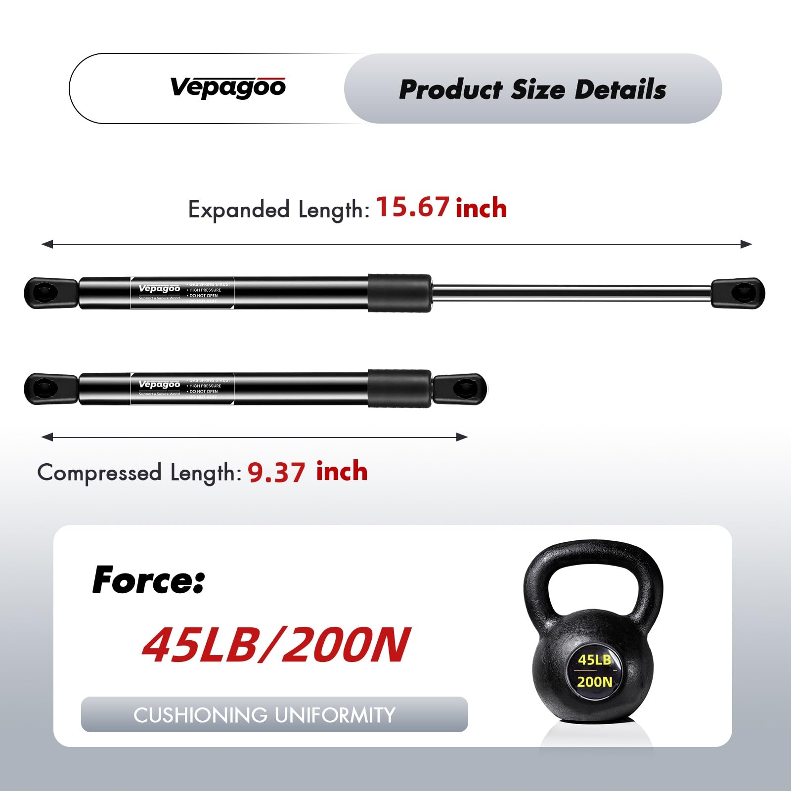 Vepagoo Gas Struts C16-22331 for A.R.E Truck Camper Shell, 16 Inch, 45Lb, 2 pcs (1 Pair)