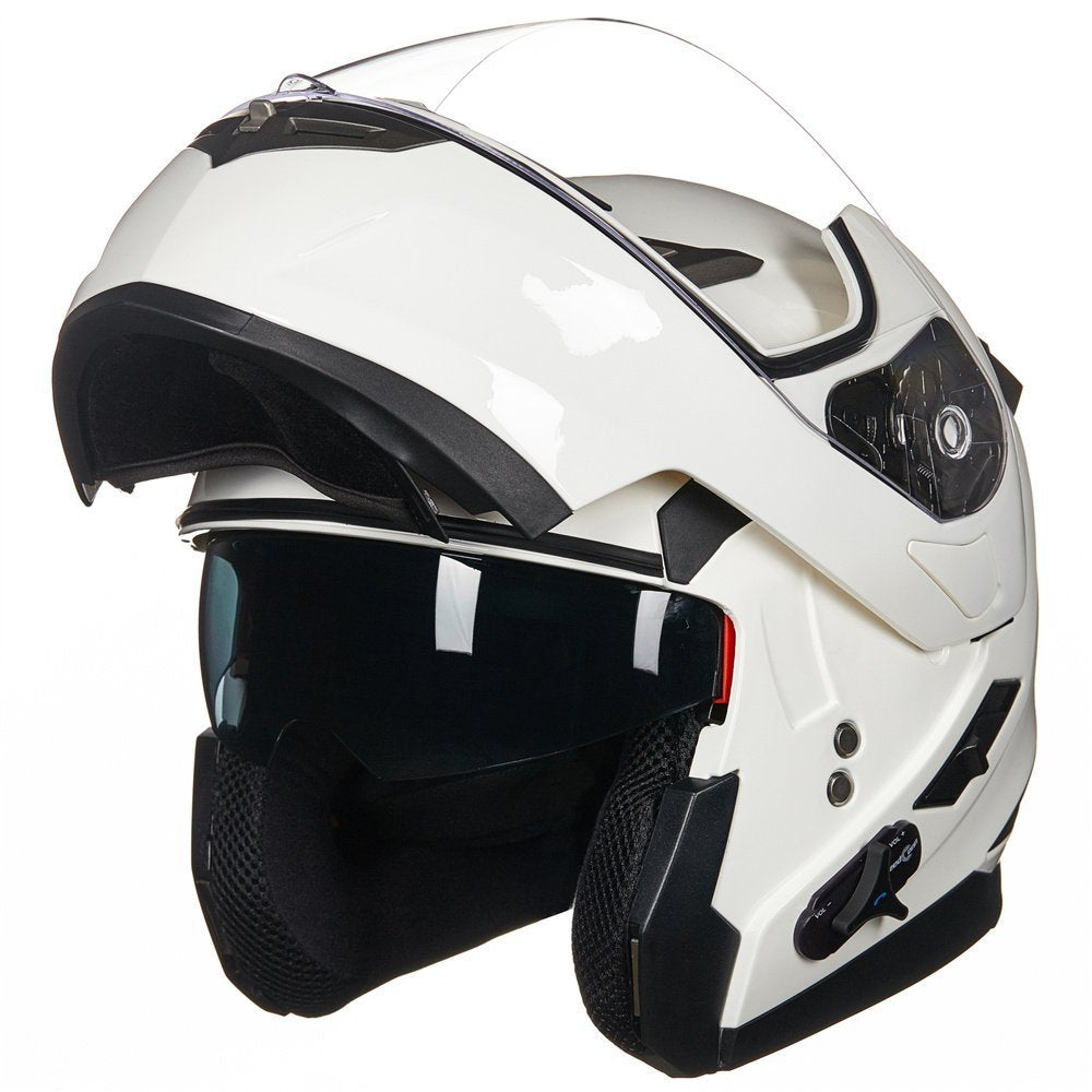 Ilm Bluetooth Integrated Modular Flip Up Full Face Motorcycle Helmet Sun Shield Mp3 Intercom Model 953 (L, White)