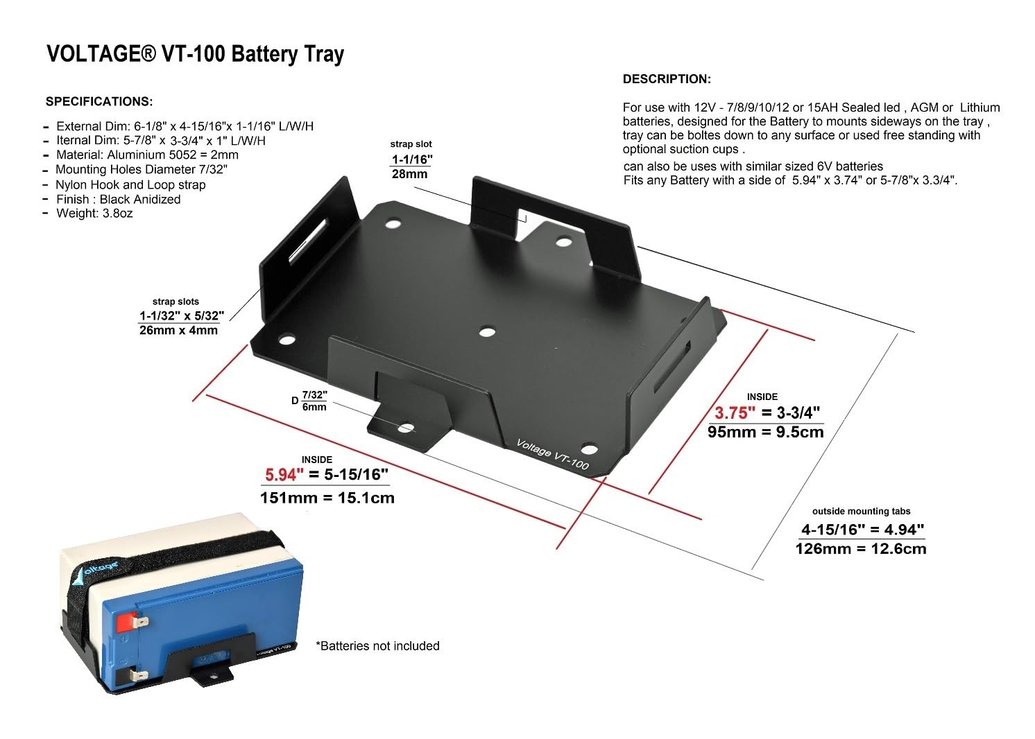 Voltage Small Battery Tray For 12V 15Ah, 12V 12Ah,12V 9Ah, 12V 8Ah, 12V 7Ah,12V 6Ah, 6V 7Ah, 6V 12Ah, Ytx7B-Bs, Ytx9-Bs, Ytx14Bs