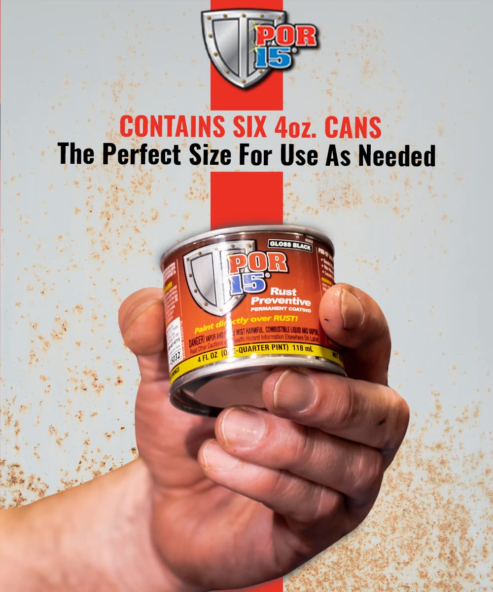 Por-15 Six Pack Rust Preventive Coating, Stop Rust And Corrosion Permanently, Anti-Rust Protective Barrier, 4 Fluid Ounces, Gloss Black, Pack Of 6