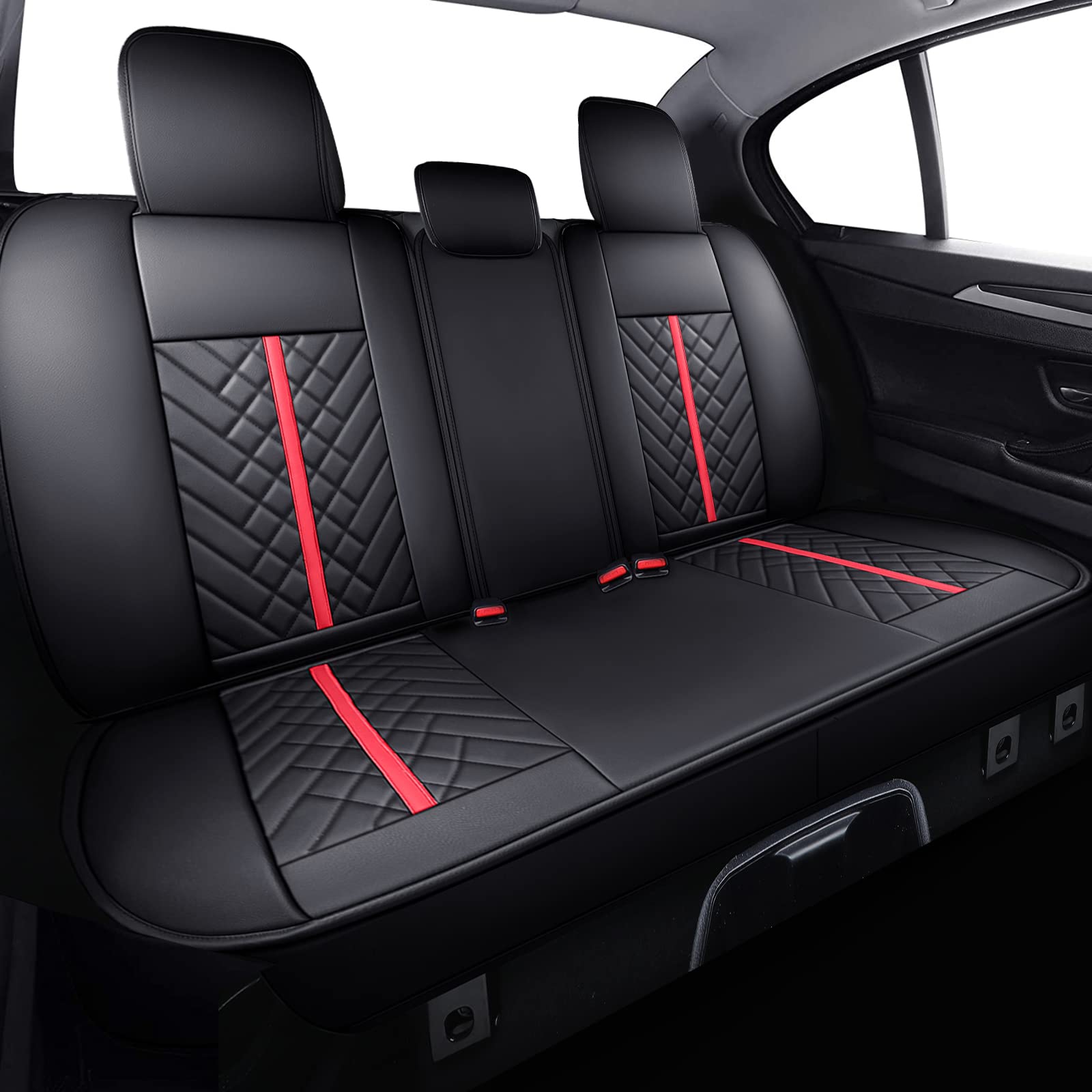 Tomatoman Rear Seat Covers for Toyota Tacoma 2005-2022, Faux Leather, Airbag Compatible, Black-Red