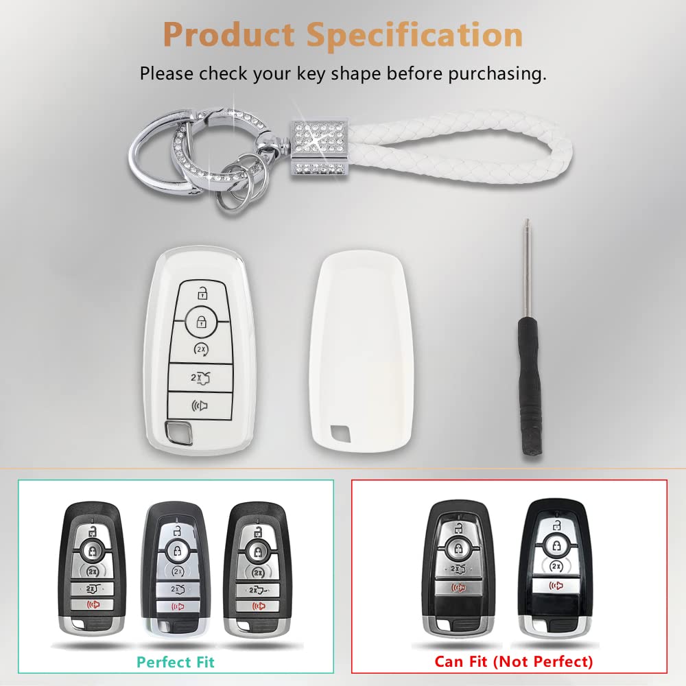 Pifoog White Key Fob Cover For Ford Bling Keychain 5 Buttons Keys Case Protector For Ford Explorer Mustang Edge Fusion Escape Expedition F150 Tpu White Silver Girly Women