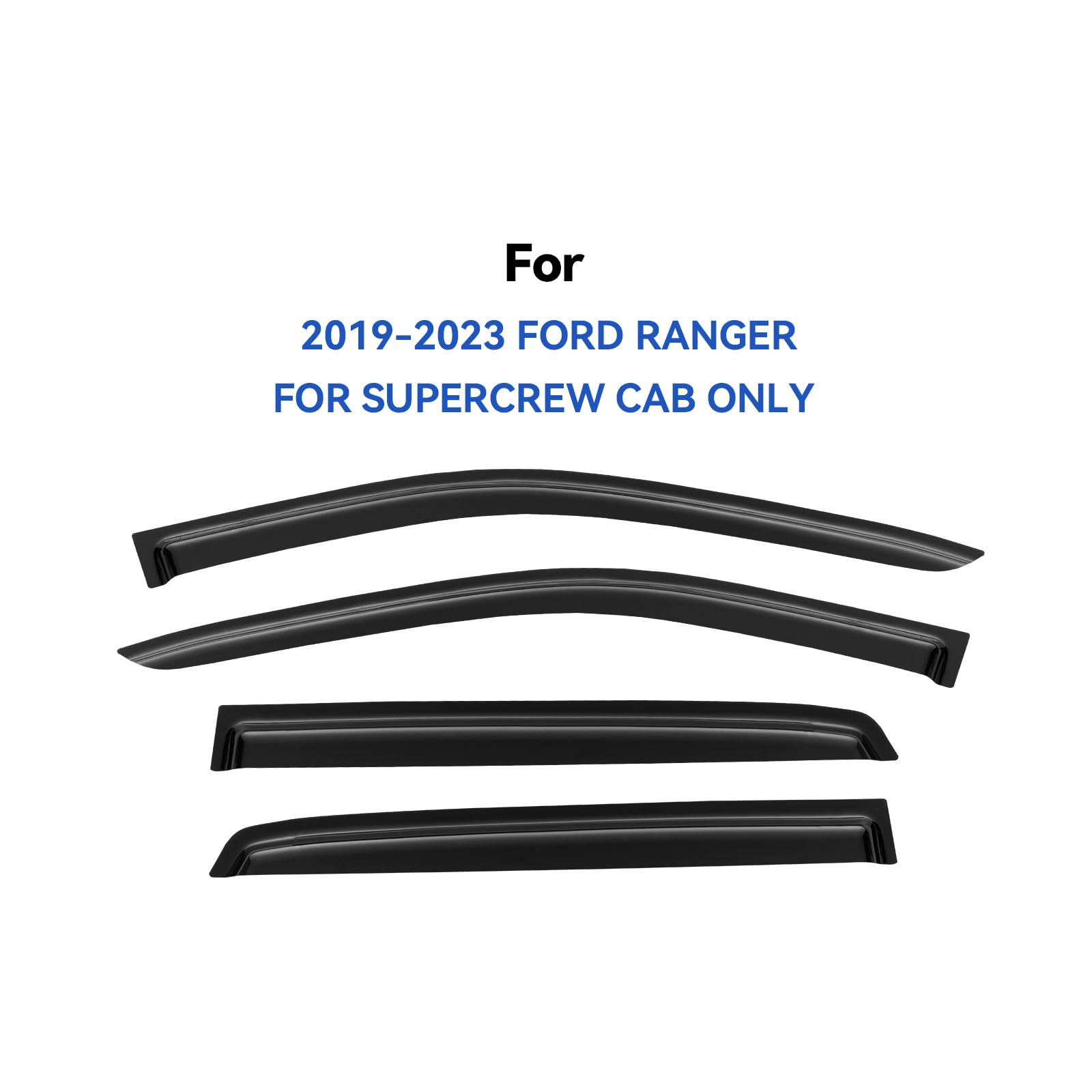YQAUTEC Window Visors Rain Guards for 2019-2023 Ford Ranger SuperCrew, Smoked Acrylic Deflectors, Model YD-278-P