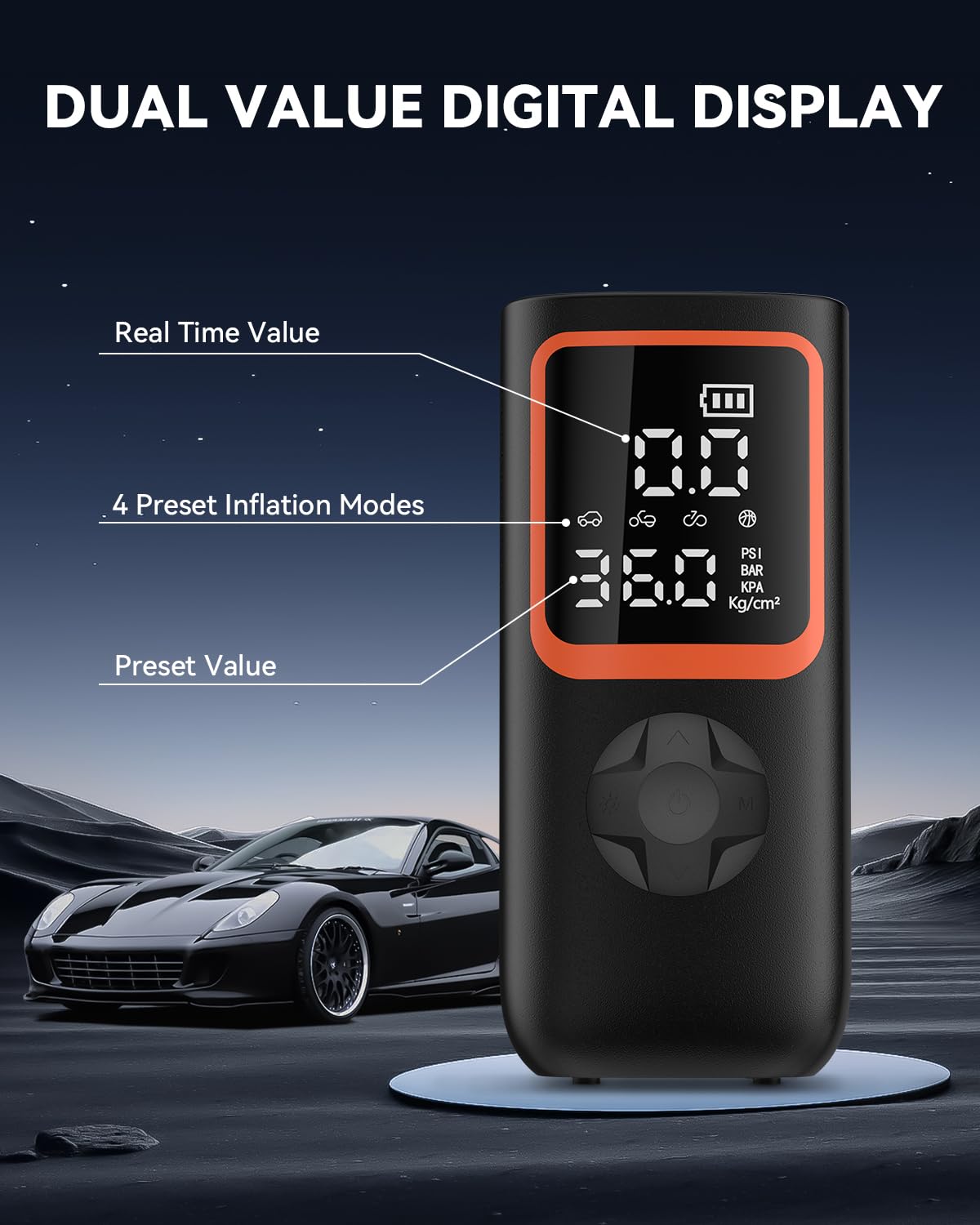 KOLTGOO Portable Tire Inflator - 20000mAh, 150PSI Air Compressor with LED Light - Black, Model 8020 for Car, Bike, Motorcycle, and Ball