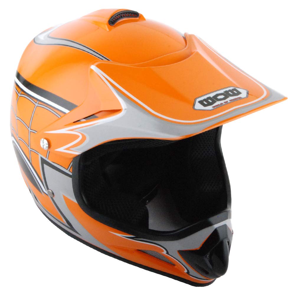 Wow Youth Motocross Helmet Bmx Mx Atv Dirt Bike Helmet Spider Web Orange + Goggles + Martian Skull Orange Glove Bundle