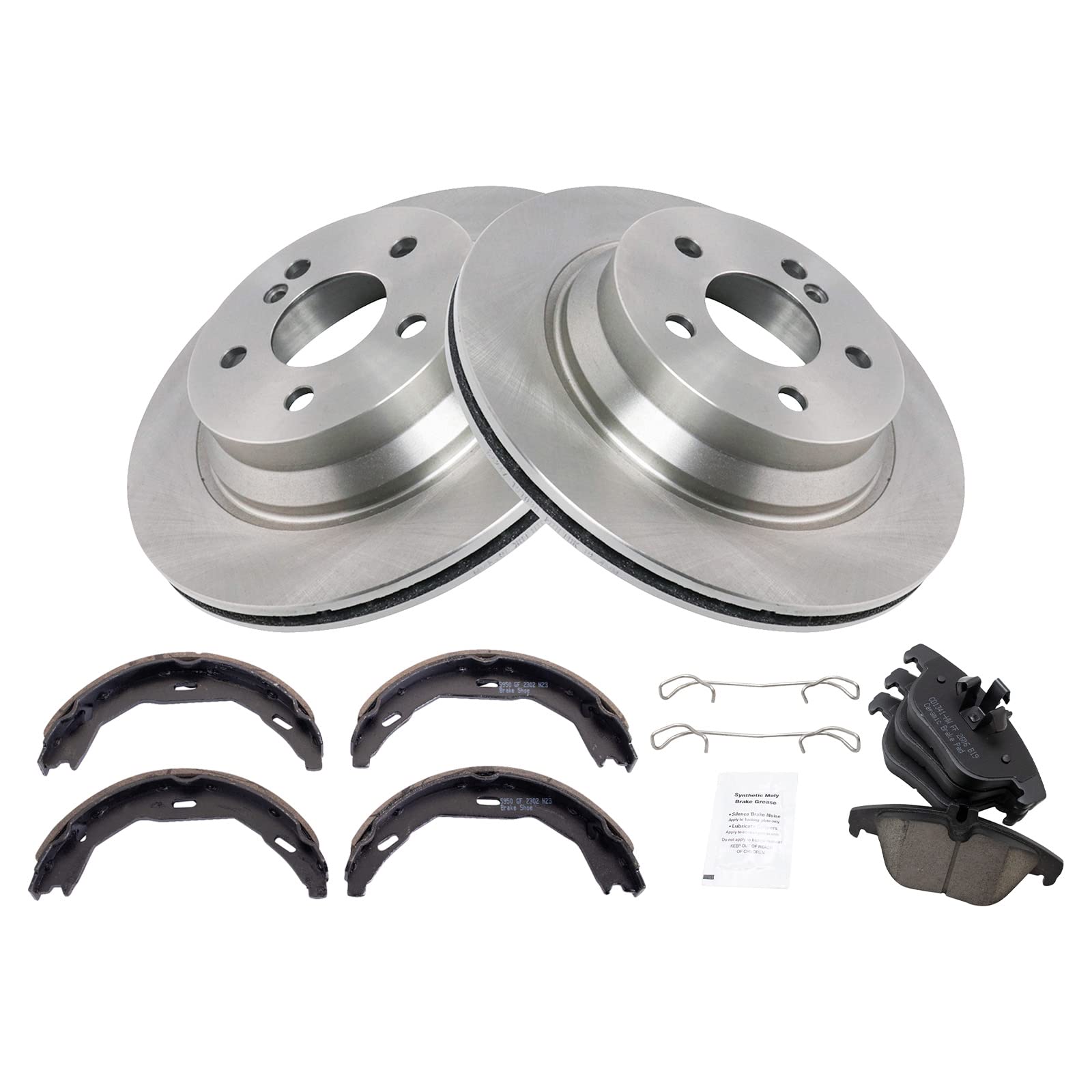 Trq Rear Brake Pad & Rotor Kit Brake Pads Brake Rotor Parking Brake Shoe Set Ceramic Compatible With 2010-2014 Mercedes-Benz E35