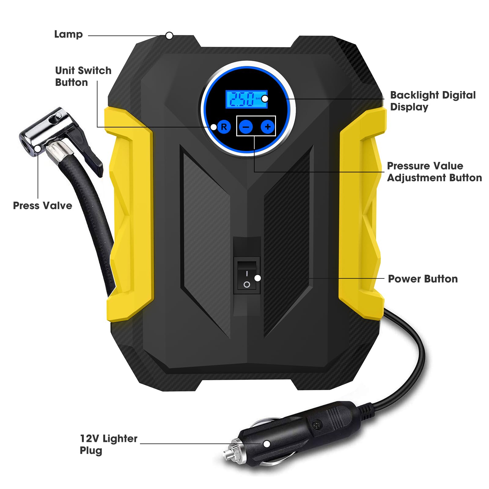 Digital Air Compressor For Car Auto Pump Portable Tire Inflator With Led Light Dc 12V