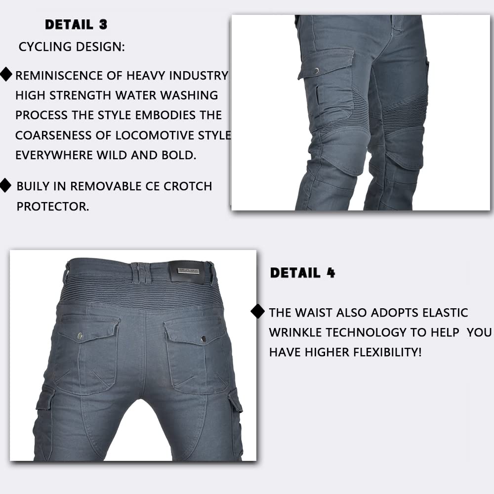 LOMENG Motorcycle Pants Motorbike Riding Denim Jeans Biker Motocross Pants with CE Removable Armored for Men Grey L
