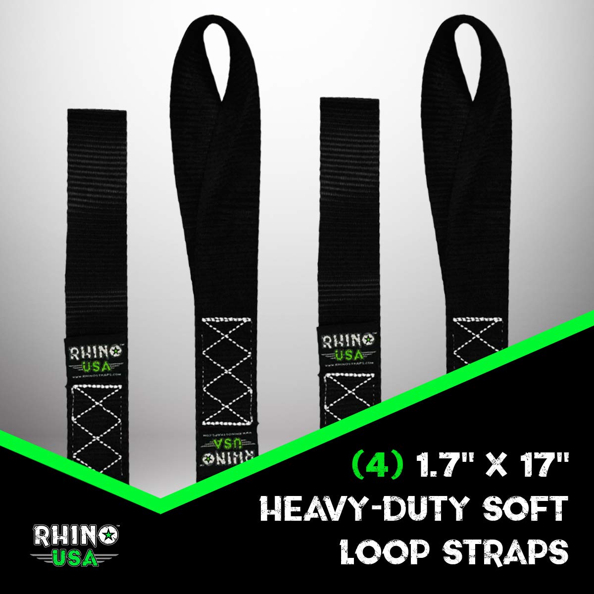 Rhino USA Heavy Duty Soft Loop Tie Down Straps - 1.6" x 17", 5,000 lbs Break Strength, Black, 4-Pack, Model SOFT4PACK-B