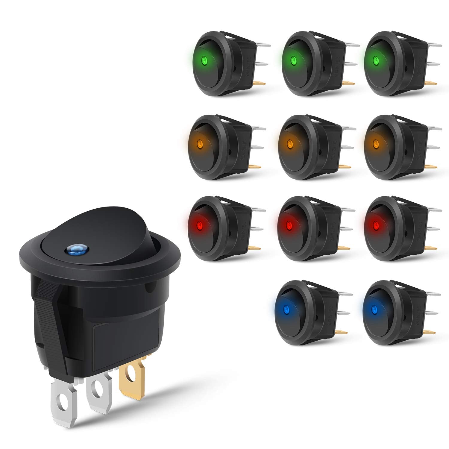 Nilight 90013L 12Pcs Round Toggle Led Switch 12V Car Truck Rocker On-Off Control Blue Green Yellow Red,2 Years Warranty