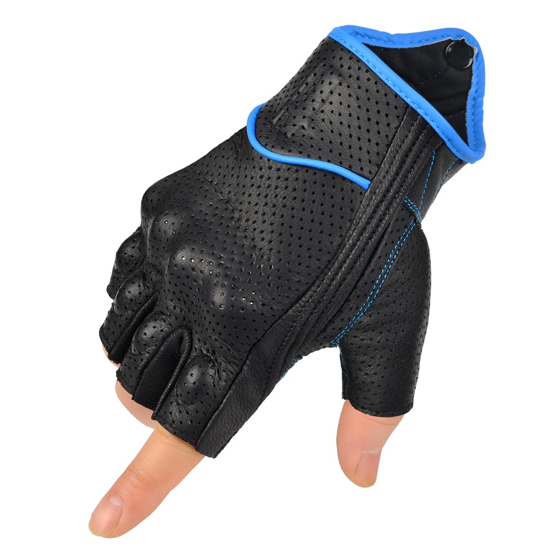 Harssidanzar Men's Motorcycle Gloves Leather Perforated Motorbike Riding Driving Gloves CM044US, Black/Blue, Size Small