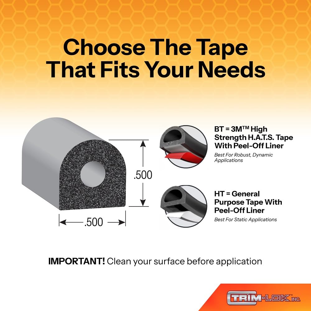 Trim-Lok D-Shaped Rubber Seal - .75    Height.75    Width, 25 Length - Epdm Foam Seal W/Bt (3M) High Strength Bonded Tape, Weath