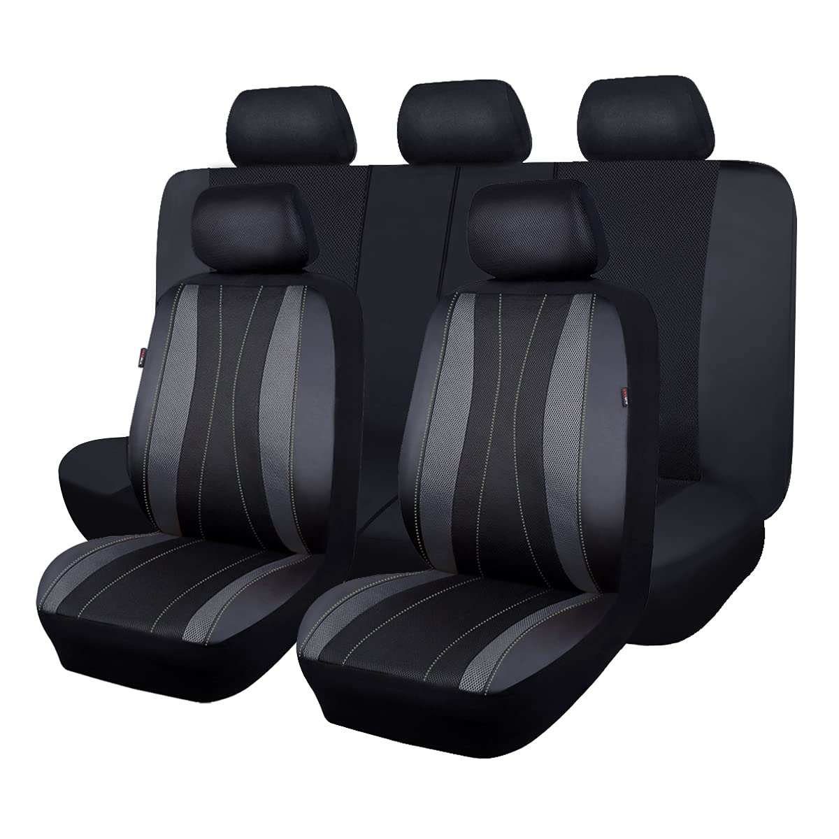 Flying Banner Car Seat Covers Full Set Faux Leather Air Mesh Breathable Man Lady Airbag Compatible Rear Bench Split 40/60 50/50 60/40 Truck Pick Up (Full Set -- Low Back, Black Gray)