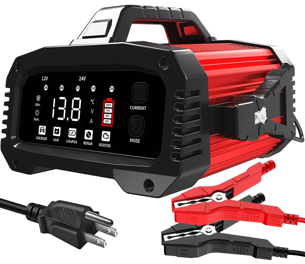 25Amp Car Battery Charger, Maintainer, 12V/24V LiFePO4 Lead Acid (AGM/Gel/SLA) Smart Trickle Charger, Engine Start Booster Mode,
