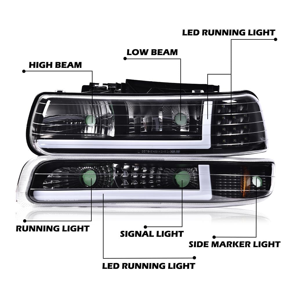 Pit66 Led Drl Headlight Assembly Compatible With Chevy Silverado 1500 2500 1999-2002/ Fit Silverado 1500Hd 2500Hd 3500 01-02/ Fi