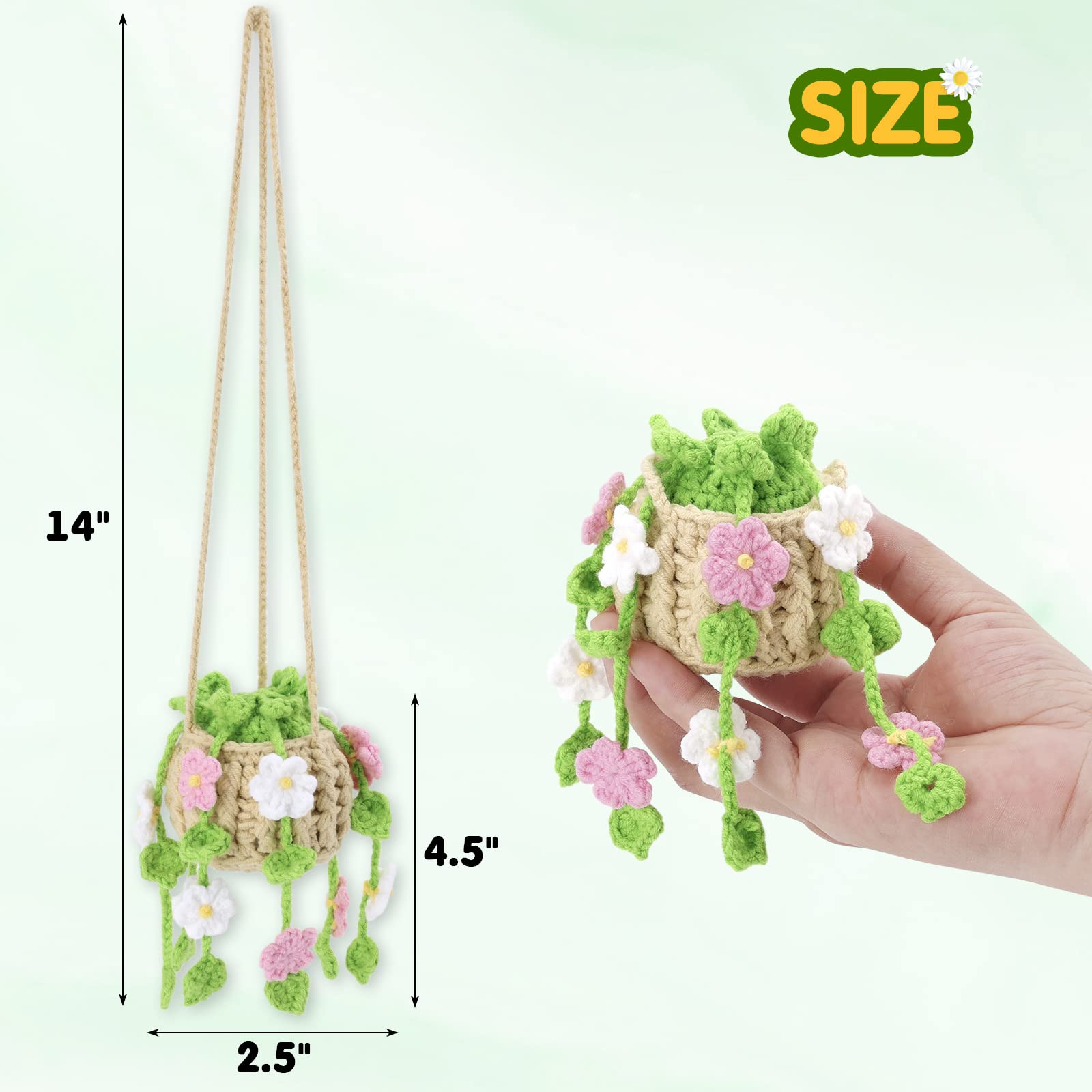 Vansolinne Cute Car Accessories Crochet Hanging Basket Flower Plant Car Ornament For Rearview Mirror Decor Interior Aesthetic Pl