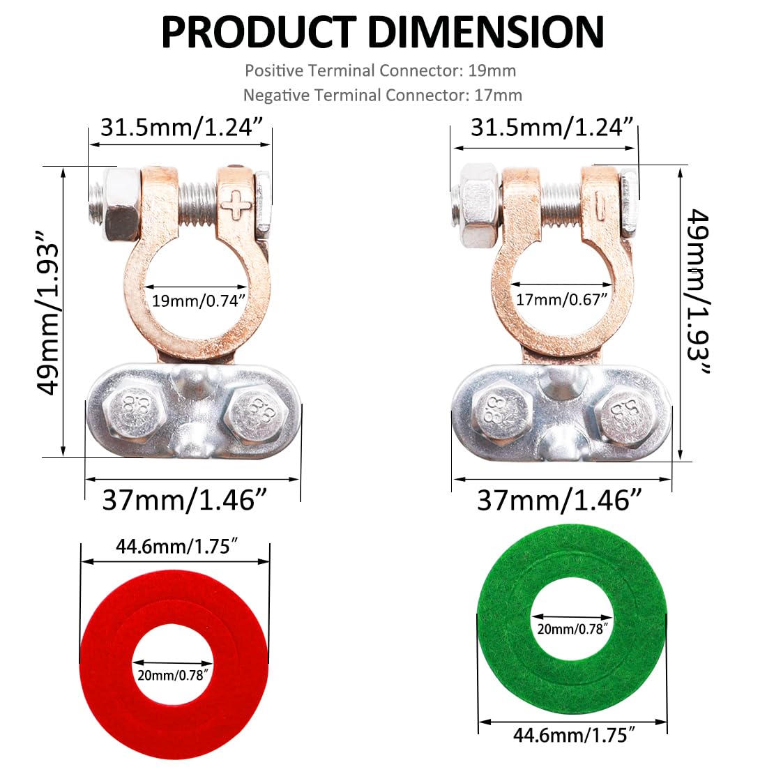 Tnisesm 1Pair Positive Negative Battery Terminal Set, Brass Battery Terminals Connectors Clamps with Battery Terminal Washers fo