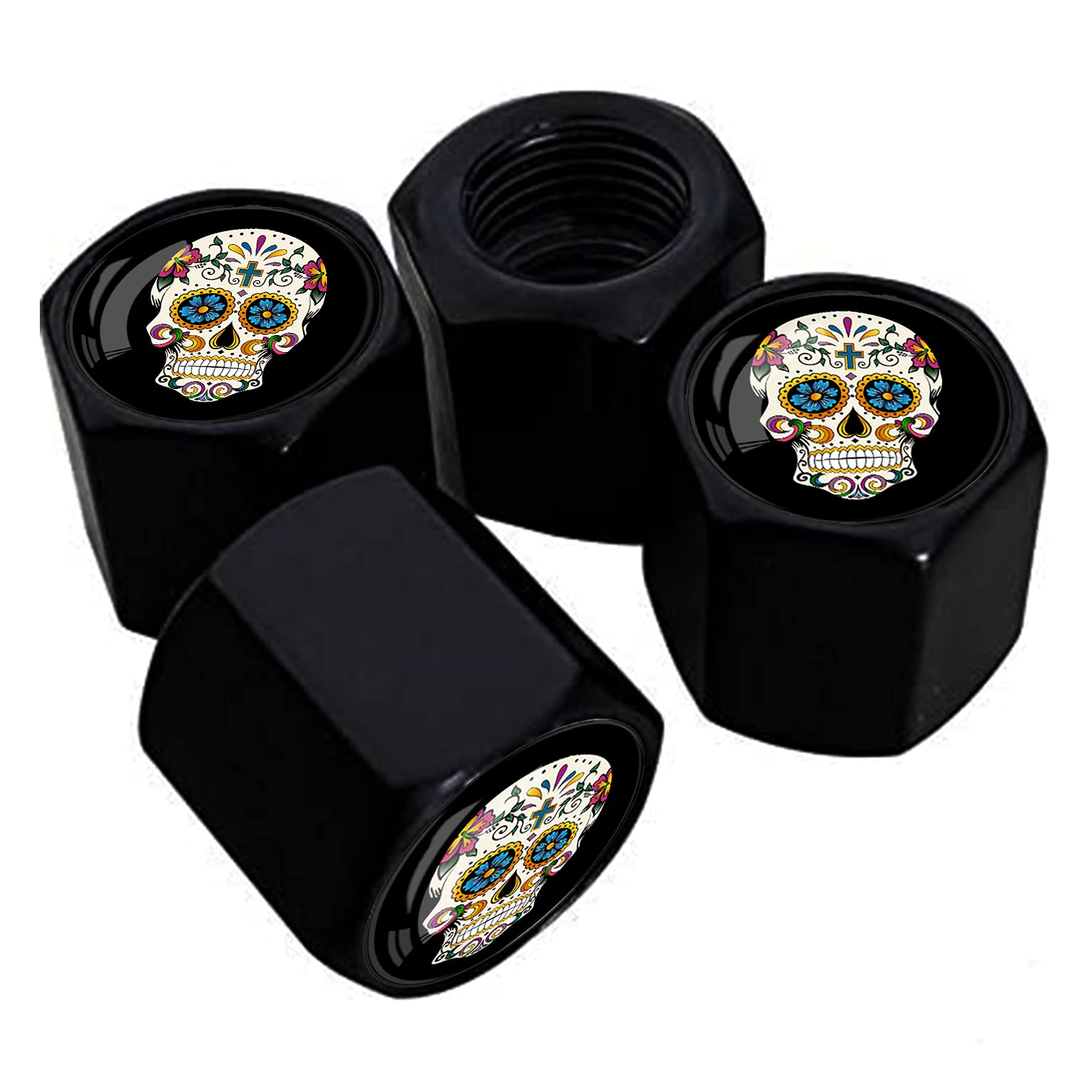 Metal Car Wheel Tire Valve Stem Caps 4 Pack Cool Sugar Skull Pattern Aluminum Car Tire Air Valve Caps For Cars, Trucks, Bikes, M