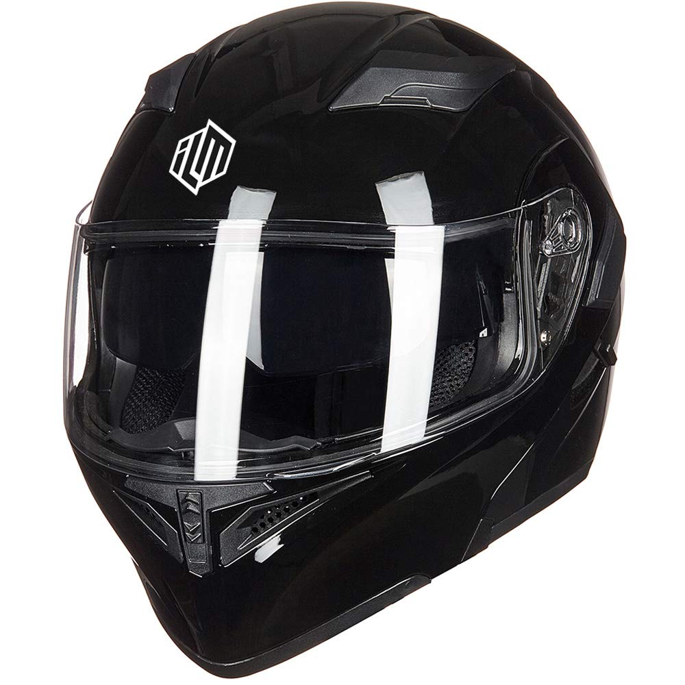 Ilm Motorcycle Dual Visor Flip Up Modular Full Face Helmet Dot 6 Colors Model 902 (L, Gloss Black)