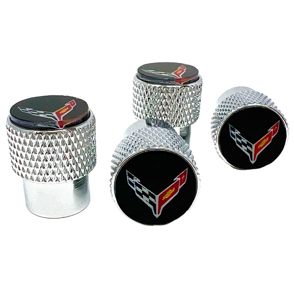 C8 Corvette Aluminum Valve Stem Caps - Crossed Flags Logo Set of 4 for 2020-2025 Corvettes (Knurled)