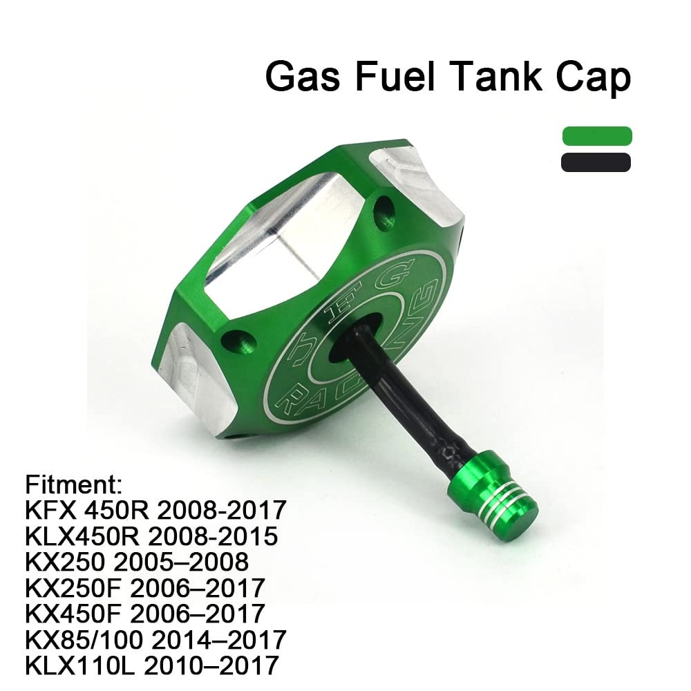 JFG RACING Dirt Bike Gas Cap - CNC Aluminum with Breather Valve for KLX110/450R KX85/100/250/250F/450F - Green