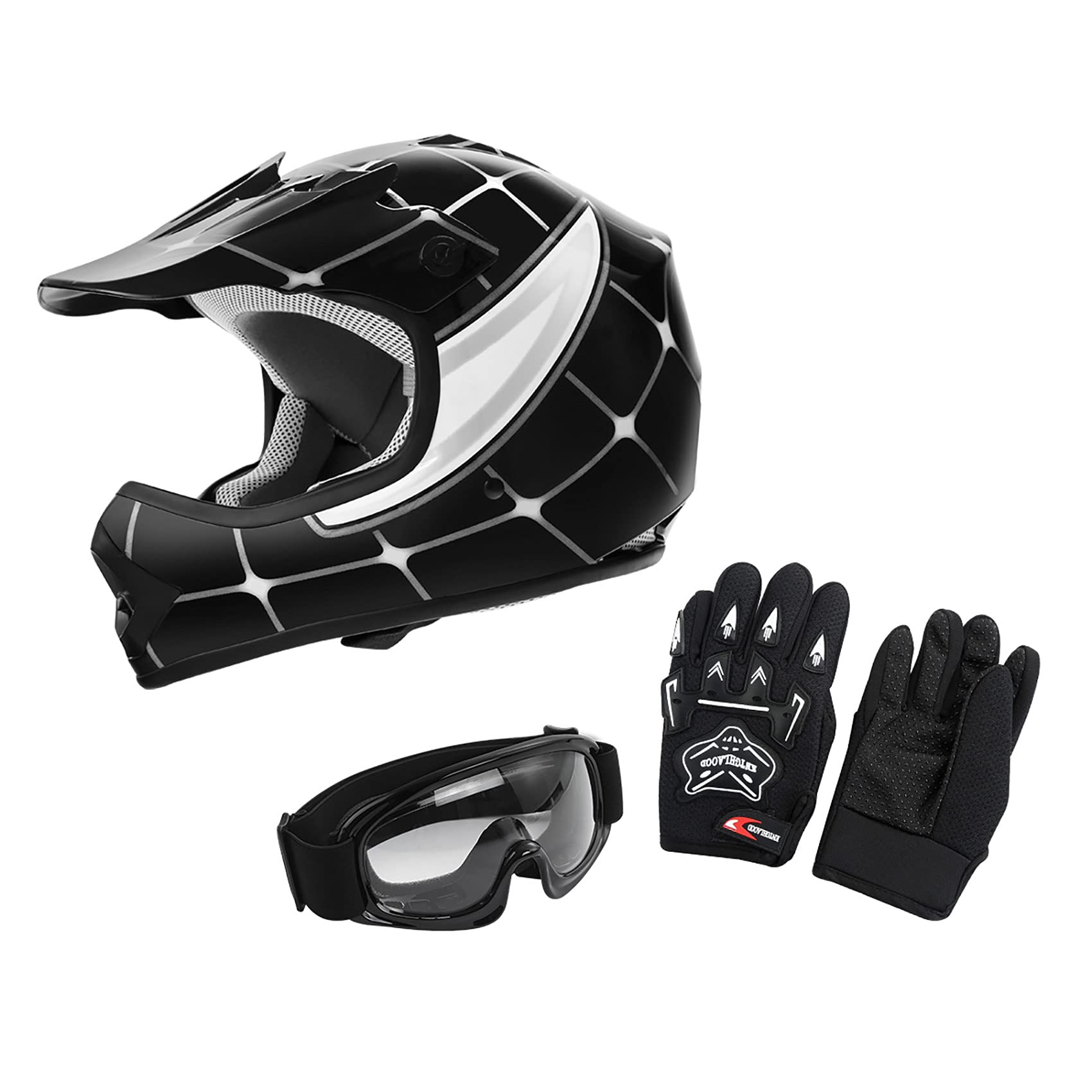 Xfmt Dot Youth Kids Motocross Offroad Street Dirt Bike Helmet Goggles Gloves Atv Mx Helmet  (Black Spiders, Small)