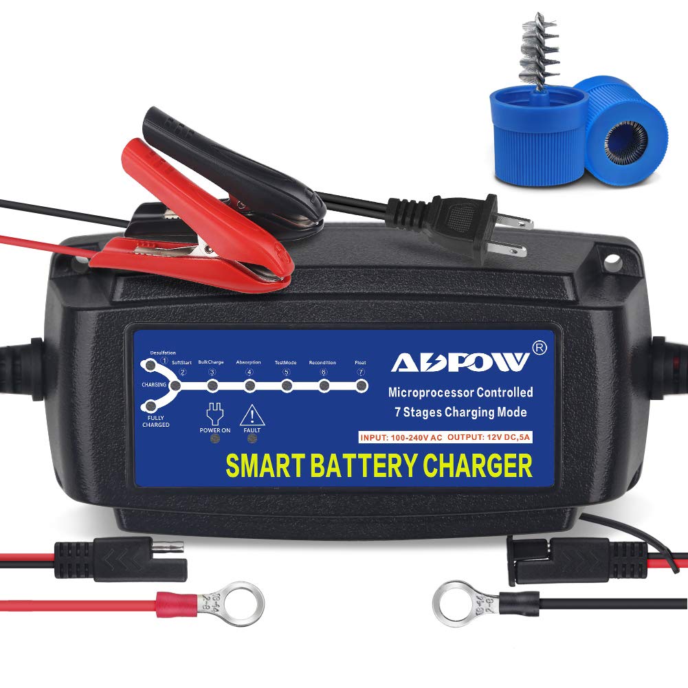 ADPOW 5A 12V Smart Battery Charger - 7-Stage Trickle Maintainer for Car, Marine, RV, Deep Cycle, Black