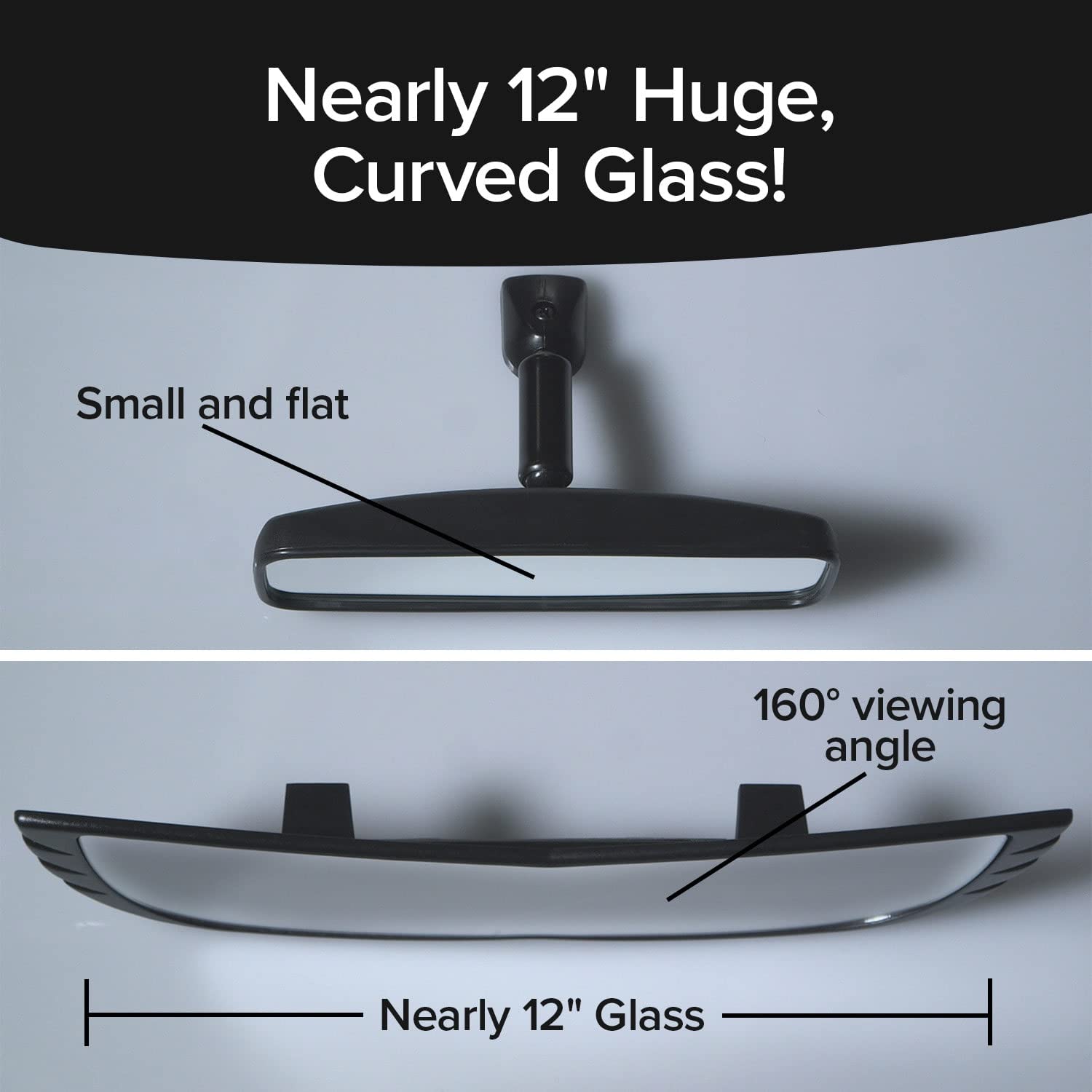 Angel View Wide-Angle Rearview Mirror - Reduces Blind Spots, 12" Plastic, Black, Model 16667, Installs in Seconds, Fits Most Cars, SUVs & Trucks